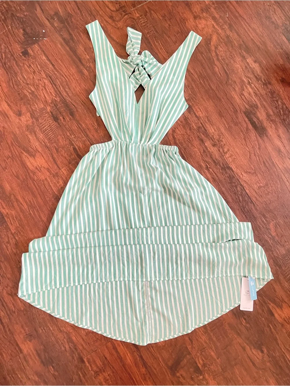 Cupshe Aileen Green & White Striped V-Neck, Back Tied High-Low Midi Dress Small